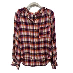 Anthropologie Pilcro Relaxed‎ Pink Ruffle Plaid Button Down Shirt Size Small